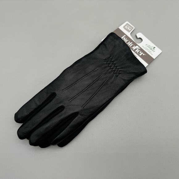 Isotoner Gloves Womens S/M Black Genuine Leather Smart Touch Modern Minimalist - Picture 1 of 5